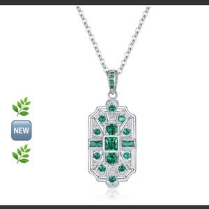 Princess Cut Silver Tone Green Cubic Zirconia Pendant Necklace 🌿🆕🌿